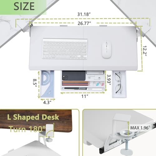 ETHU Corner Keyboard Tray Under Desk with Metal Rail, 26.8x11.8", White