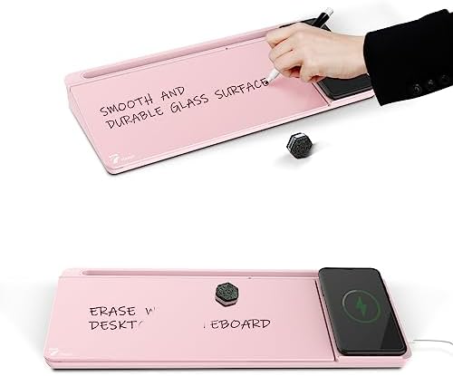TOWON Glass Desk Whiteboard 17x6 in, Wireless Charger and Storage, Pink