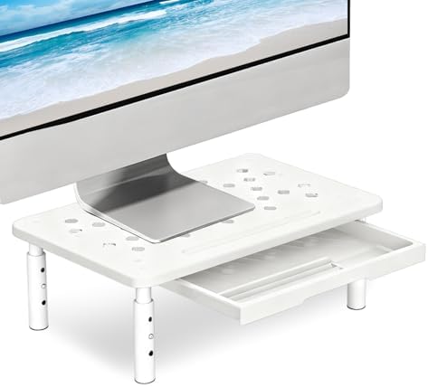 Ergonomic Monitor Stand Riser with Drawer, 3 Height Adjustable (3.9/4.7/5.5 inch) Heavy Duty Carbon Steel+PE Computer Desk Organizer with Storage for Laptop Printer Dual Screens, 14.6 x 9.1 inch (White)