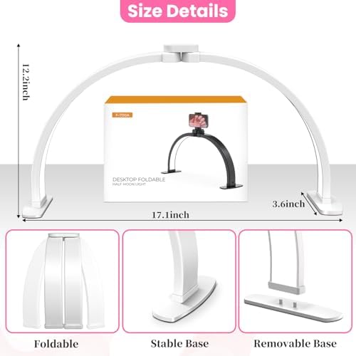 Nail Half Moon Light: Professional 29in Stable Moonlight with Phone Holder, 3 Light Color Modes/10 Brightness Adjustable for Salon & Home Manicure Station(White,Large)