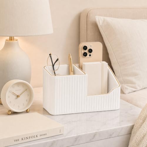 KINGFOM Luxury PU Leather Desk Organizer for Office Accessories, Aesthetic Pen Holder for Desk, Modern Desktop Storage Organizer for Home Office Supplies Cream White with Gold Trim