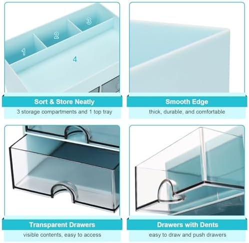 Meiikun Desk Organizer, Office Organizer with Drawer, Desk Accessories & Workspace Organizers, Pen Holder Office Supplies for Desk (4 Drawers+4 Compartments, Blue)