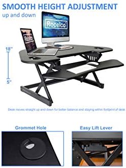 Rocelco 46" Height Adjustable Corner Standing Desk Converter with Dual Monitor Arm Bundle - Quick Sit Stand Up Computer Workstation Riser - Extra Large Keyboard Tray - Black (R CADRB-46-DM2)