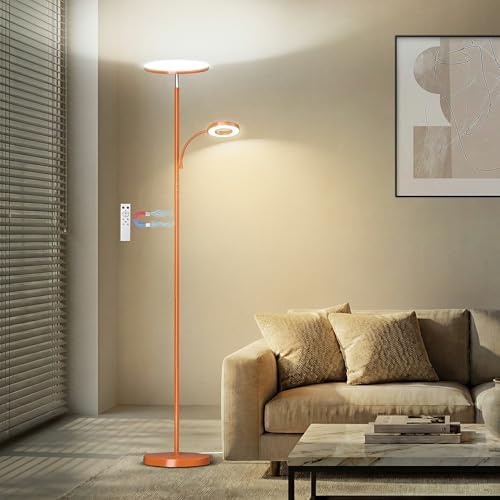marctronic Orange Floor Lamp, 42W 4000LM Super Bright LED Lamp with Reading Light for Living Room Bedroom Office, Touch Control, Dimmable Standing Lamp with Remote