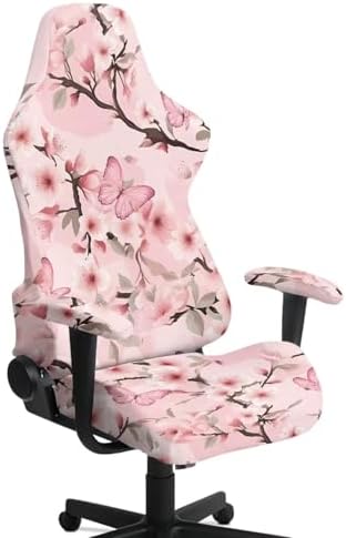 Pink Flower Gaming Chair Cover Stretchable Game Chair Slipcovers with 2 Armrest Covers, Scratch-Proof Gamer Desk Chair Covers for Computer Office Seat
