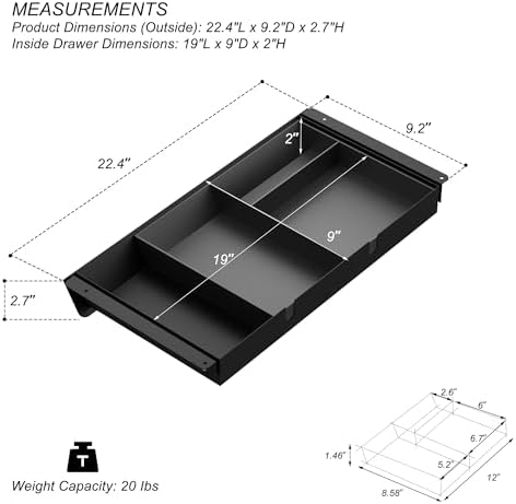 Under Desk Drawer with Removable Tray, 22.4" Wide 2-in-1 Organizer – 60° Ergonomic Tilt, 4-Compartment Insert for Pens, Phones & Cables, Ball Bearing Slides, for Home Office & Student Desk