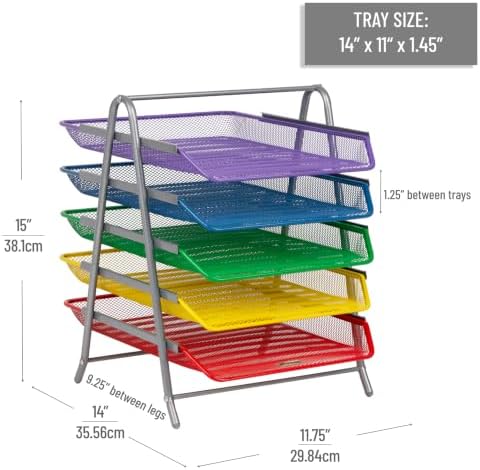 Mind Reader 5-Tier Paper Tray Organizer with Multicolor Trays, Classroom File Organizer for Teachers, Metal Mesh, Assorted Colors