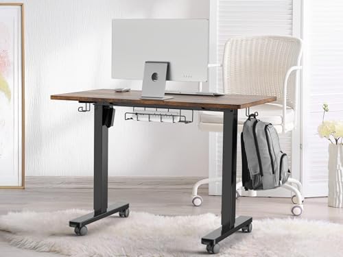 SHW Mobile Electric Height Adjustable Standing Desk w/Drawer, Rustic Brown