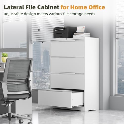 4 Drawer File Cabinet with Lock,Metal File Cabinet for Home Office,Heavy-Duty Steel Locking File Cabinet, Hanging Letter/Legal/A4 Size,Full-Extension Silent Drawer,Un-Assembly,White