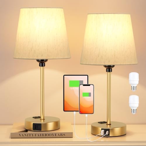 Gold Bedside Lamps Set 2 for Bedroom - Dimmable Touch, USB C+A, AC Outlet