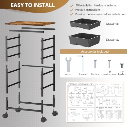 Goovilla Rolling Cart with 5 Drawers for Craft, Art, Dorm, Office, Black