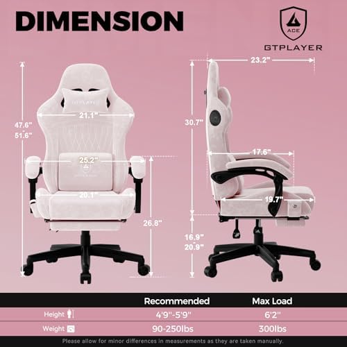 GTPLAYER ACE-PRO Music Gaming Chairs – Built-in Speakers, App Support & Bluetooth Control, Computer Game Chairs with Footrest for Adults, Ergonomic Reclining Silla, Linkage Armrest, Pink 【Velvet】