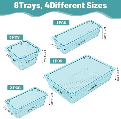 WOWBOX 8 PCS Plastic Drawer Organizer Set, 4 Sizes Desk Drawer Organization and Storage Containers for Makeup, Cosmetics, Jewelry and Gadgets in Kitchen, Bathroom, Bedroom, Office, Clear Sea Blue