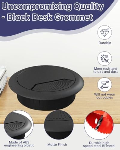 Desk Grommet 3-1/8 inch (80mm) - 8 Pack Black Cable Grommet & Desk Hole Cover with Hole Saw for Cables, Cord Management for Office, TV, and Home Table