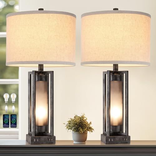 Set of 2 Industrial Table Lamps for Living Room with USB C+A