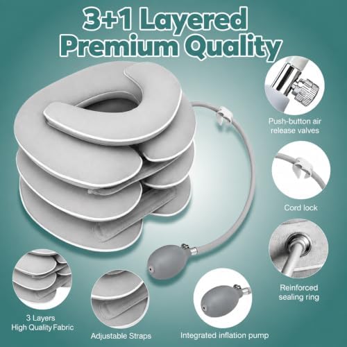 Inflatable Neck Stretcher Cervical Traction Device - 3-Layer Design in Varying Sizes for Pain and Stress Relief, Posture Support - Cervical Neck Pillow for Decompression Home, Office & Travel