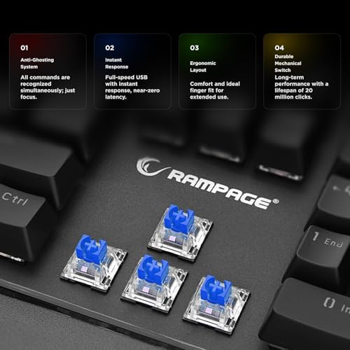 KB-R86 Umbra Mechanical Gaming Keyboard – High-Performance Switches, 26-Key Anti-Ghosting, 12 Multia Keys, Wrist Rest, Durable ABS – Compatible with PC, Laptop, Mac (Blue Switch)