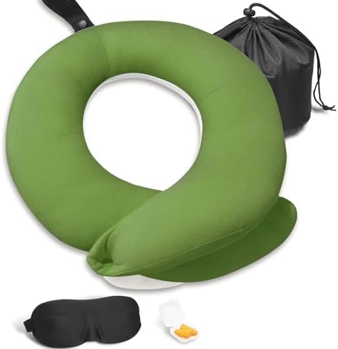 BUYUE Travel Neck Pillows for Airplanes, Memory Foam 360° Head Support Sleep for Long Flight, Skin-Friendly & Breathable, Kit with Eye Mask, Earplugs and Storage Bag (Adult, Green, 90+ lbs)