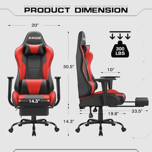 Homall Gaming Chairs, Computer Chair with Footrest and Massage Lumbar Support, Height Adjustable Game Chair with Headrest and Swivel Seat (Red)