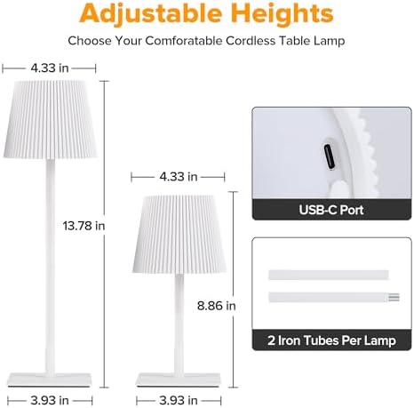 LUTEC 2 Pack Cordless Table Lamp,6000mAh Rechargeable Battery Operated Desk Lamp,Two Adjustable Heights,Waterproof, Touch Control & 3 Color Stepless Dimming for Restaurant/Bedroom/Bars/Outdoor (White)