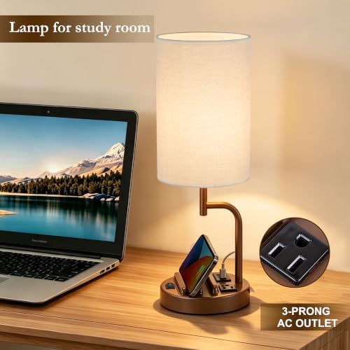 Dreamholder 2 Pack Table Lamp, Bedside Lamp with 3 USB Charging Ports & AC Outlet, USB Desk Lamp with 2 Phone Holders, Linen Fabric Shade Nightstand Lamps for Bedroom Living Room Office, Coffee Brown