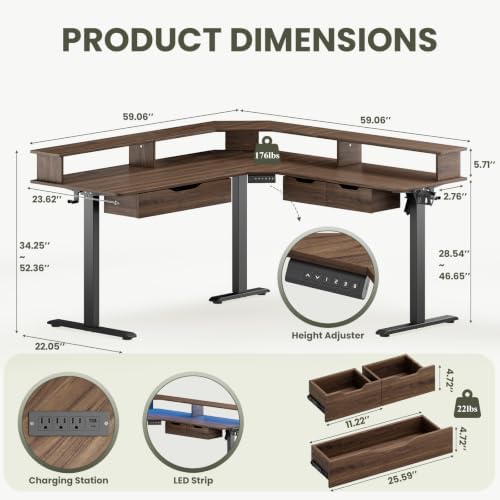 MALOL 59" L Shaped Electric Standing Desk with Drawers, Height Adjustable Desk with Power Outlets & LED Lights, Monitor Stand, Corner Computer Desk for Home Office, Walnut