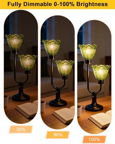 Green Glass Table Lamp for Bedroom Vintage Flower Lamp Dimmable