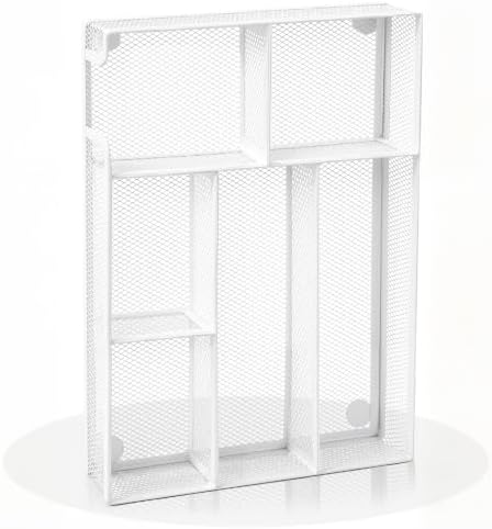 Desk Drawer Organizer, Office Drawer Divider Organizer Tray with 6 Compartments, Metal Mesh Desktop Organization and Accessories for Stationery Makeup Kitchen Toolroom School ＆ Office (Large-White)
