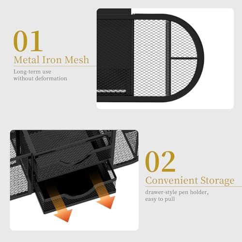 SUPEASY Mesh Desk Organizer, Pen Holder for Desk with 2 Drawers, Black