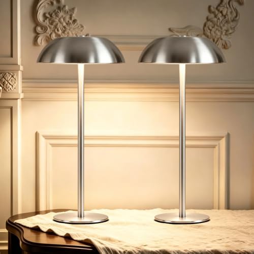 2 Pack Portable LED Mushroom Table Lamp, 12H Cordless Metal Night Light with Rechargeable Battery, Stepless Dimmable 3 Colors Desk Lamp for Bedroom Bar Coffee Shop(Brushed Silver)