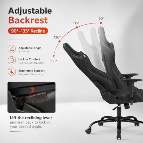 Gaming Chair Office Chair Desk Chair with Lumbar Support Headrest Armrest Task Rolling Swivel Ergonomic E-Sports Adjustable PC Gamer Chair Black