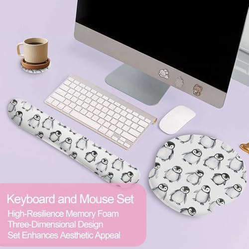 Funny Cute Penguin Mouse Pad with Wrist Rest Set, 3-in-1 Wrist Support Mousepad Set, Gaming Mat Pad with Anti-Skid Base,Ergonomic Memory Foam Mouse Pad Set for Women, Office, Typing, Gaming