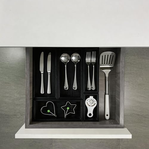 bamboo drawer organizer Set,expandable drawer dividers,wooden storage organizers,drawer organizers for kitchen, bathroom,flatware,Tea Bag Organizer (1 X 5PCS Black)