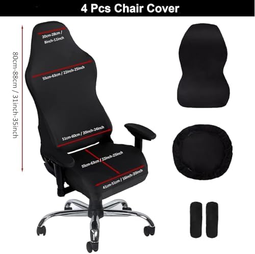 Gaming Chair Cover, Ergonomic Office Computer Game Chair Slipcovers, Stretchy Polyester Covers, 4pc/Set with Armrest Covers/Back/Seat Cover for Reclining Racing Gaming Chair Black