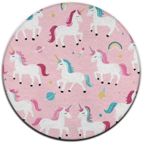 Men's Large Home Decor Mat, Soft Round Yoga Carpet, Non Slip Machine Washable Home Office Circle Rug Unicorns Pink