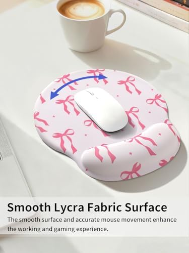 Seorsok Cute Pink Ribbon Bow Tie Mouse Pad with Gel Wrist Support Mouse Pad,Ergonomic Aesthetic,Comfort Mousepad for Office Work Computer,Pain Relief Mousepad with Non-Slip Silicone Base,Pink Bow