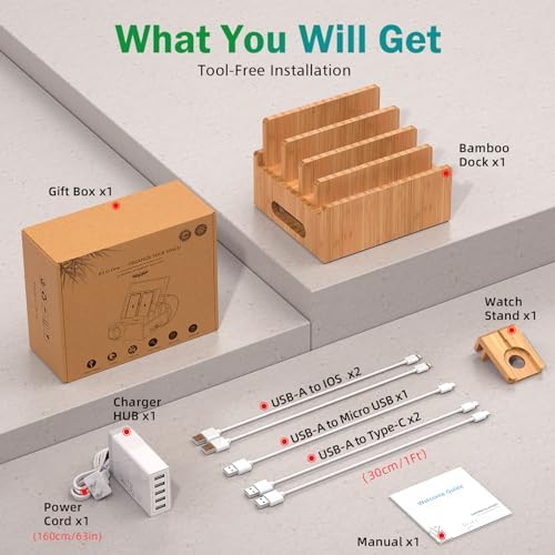 Pezin & Hulin Bamboo Charging Station with USB Charger,5Cables-Natural