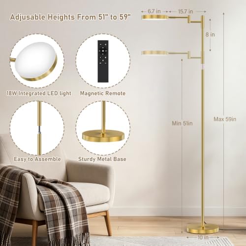 SIBRILLE LED Floor Lamp, 18W Bright Standing Lamp with Remote Control, Adjustable Height, 350°Swing Arms, Modern Dimmable Coner Floor lamp for Reading, Sewing and Crafts, Gold