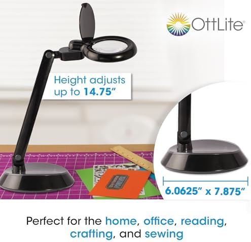 OttLite Space-Saving LED Magnifier Desk Lamp, Optical Grade, Black