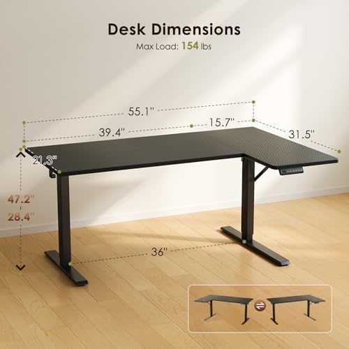 OffiGo 55" Reversible L Shaped Electric Standing Desk, Carbon Fiber Black