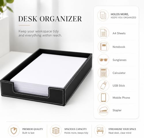 Black Leather Letter Tray, Desk Leather Organizer Tray for A4 Paper, Office Desktop Letter-Size Holder for File, Document, Mail & Magazine