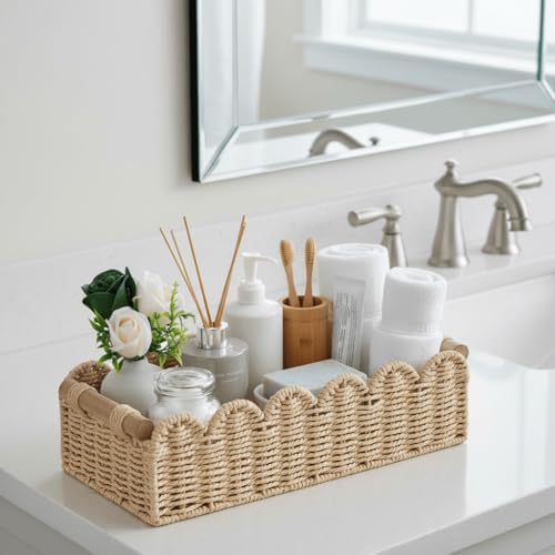 CubesLand Scalloped Toilet Paper Storage Basket W/Handle for Home Decor