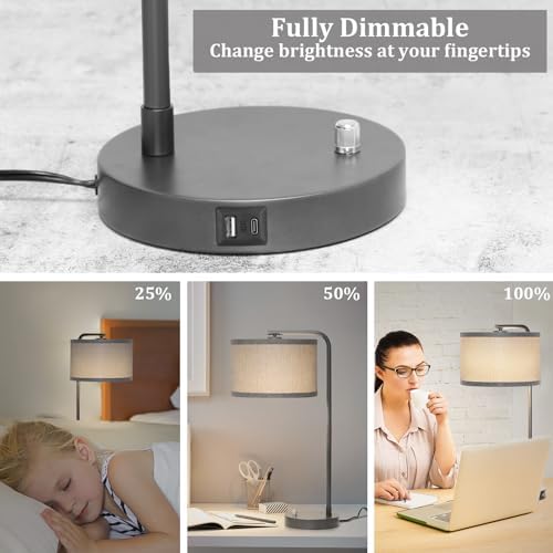 Gray Bedside Lamp with USB C+A Ports, Fully Dimmable Modern Nightstand Lamp