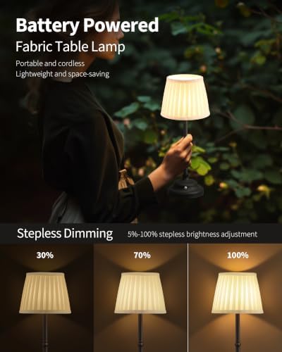 KDG Black Cordless Portable LED Table Lamp, White Fabric Shade Desk Lamp