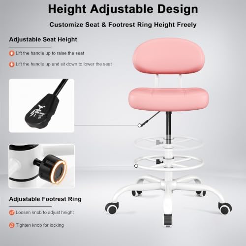 Armless Drafting Chair with Back, Tall Office Chair for Standing Desk, PU Faux Leather,Footrest Ring,Adjustable Height,360°Wheels for Bar Home Office