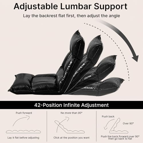 Floor Chair with Back Support, 42-Position Adjustable Gaming Chair for Adults, Faux Leather Floor Lounger, Reading Chairs with Neck Support, Foldable Floor Seat for Sleeping, Gaming (Black)