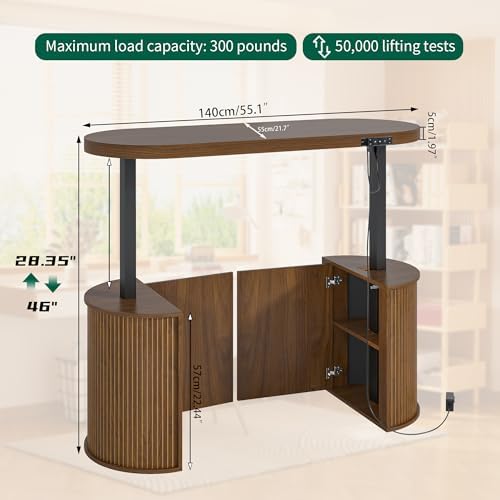 Mid Century Modern Electric Standing Desk with Storage, 55 x 22 Inch Small Sit Stand Up Desk, Wood Adjustable Height Computer Executive Desk for Home Office, Laptop, Walnut