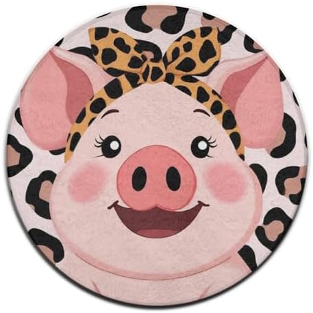 Large Home Decor Mat, Soft Round Yoga Carpet, Non Slip Machine Washable Kitchen Office Circle Rug Cute Pig Leopard Print Pink