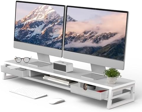Fenge Dual Monitor Stand Riser, 42.5in Desk Shelf with 2 Drawers, White