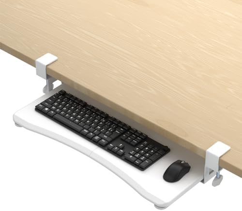 suptek Keyboard Tray Under Desk Pull Out with C Clamp Mount, Computer Keyboard & Mouse Tray, 25.6 (30 Including Clamps) x 11.8 inch Slide-Out Platform Computer Drawer for Typing, White, DSF1W